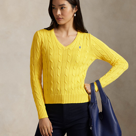 Cable-Knit Cotton V-Neck Jumper Yellow (Woman)
