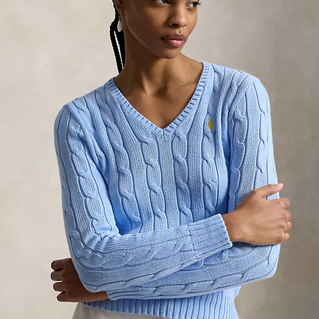 Cable-Knit Cotton V-Neck Jumper Baby Blue (Woman)