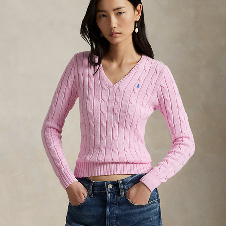 Cable-Knit Cotton V-Neck Jumper Carmel Pink (Woman)