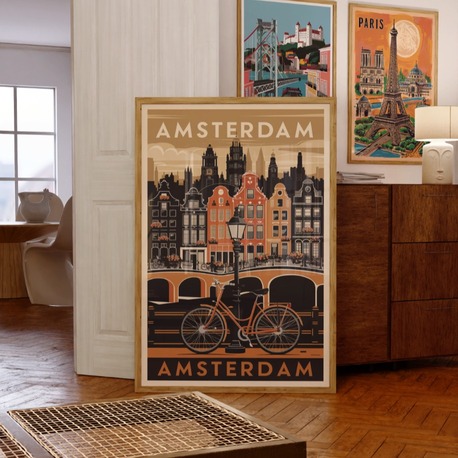 Vintage Amsterdam Seyahat Posteri, İkonik Bisikletli Simgesel Yapılar, Digital İndirme 