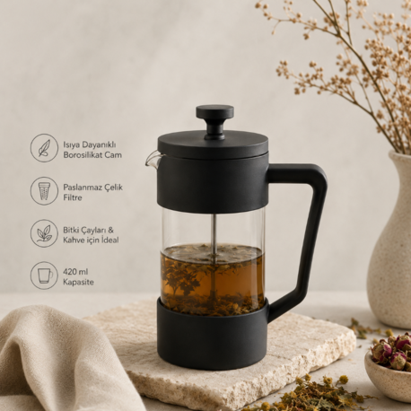 Revna French Press 420 ml Bitki Çayı ve Kahve Demliği | Borosilikat Cam | Paslanmaz Çelik Filtre