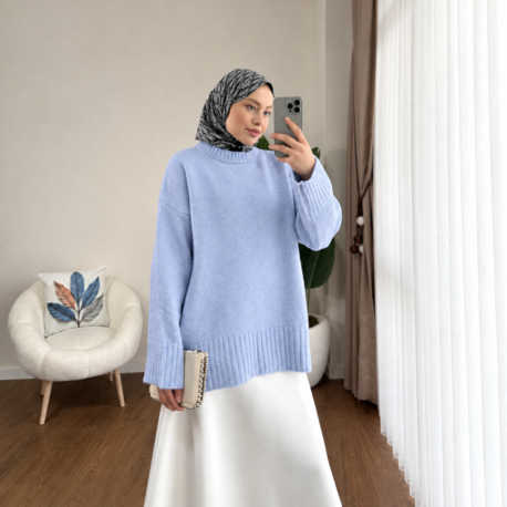 Oversize Bisiklet Yaka Tesettür Kazak - Bebe Mavi
