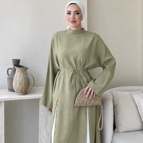 Seyyar Kemerli Tensel Yırtmaç Detaylı Tunik Boy Bluz - Yağ Yeşili
