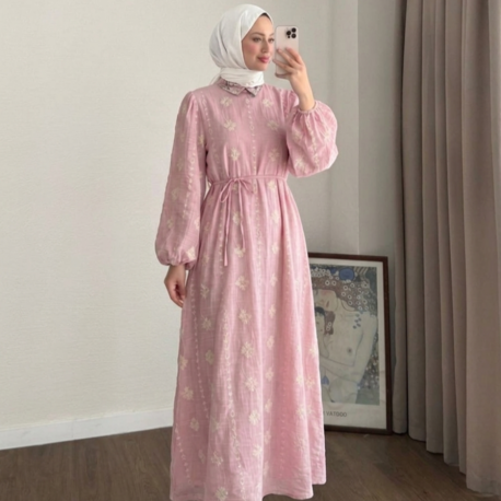 Bel Bağlamalı Nakış Detaylı Tensel Elbise - Pembe