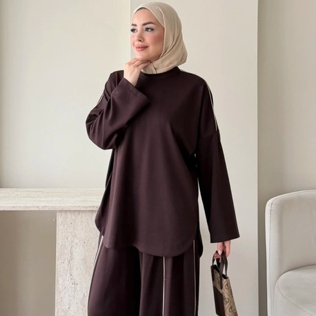 Biye Detaylı Oysho Tunik Pantolonlu Takım - Kahverengi