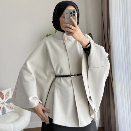 Oversize Kemerli Kaşe Panço - Bej