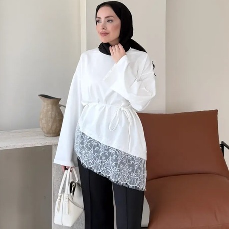 Dantel Detaylı Bel Bağlamalı Penye Sweat - Ekru