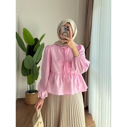 Önü Bağcıklı Balon Kol Gömlek - Pembe