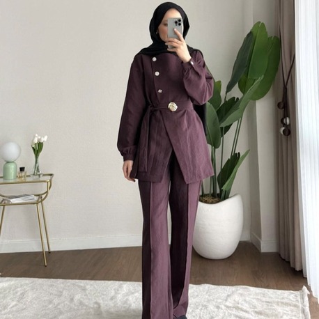 Zara Kupra Seyyar Kemerli Gold Düğmeli Pantolonlu Takım - Mürdüm