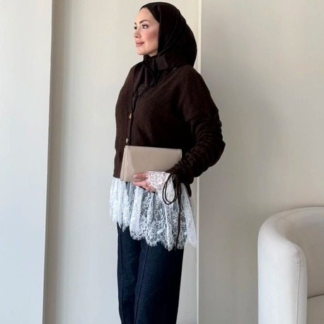Dantel Detaylı V Yaka Triko Hırka - Kahverengi