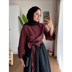 Bel Bağlamalı Kuşaklı Gömlek - Bordo
