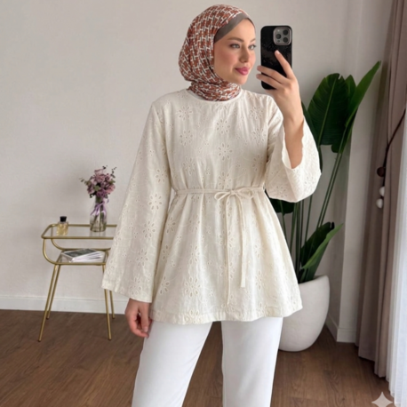 Çan Kol Fisto Kemerli Bluz Tunik - Bej