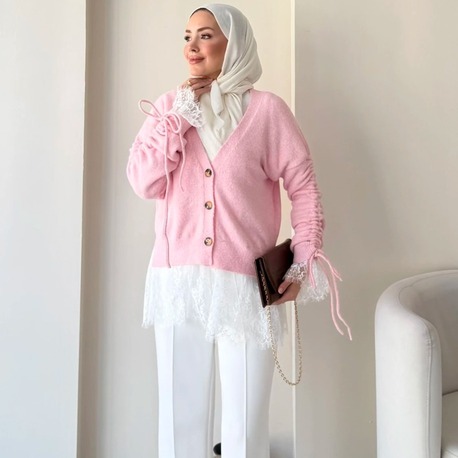 Dantel Detaylı V Yaka Triko Hırka - Pembe