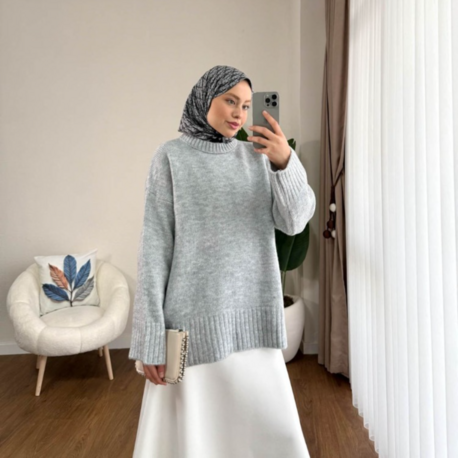 Oversize Bisiklet Yaka Tesettür Kazak - Gri