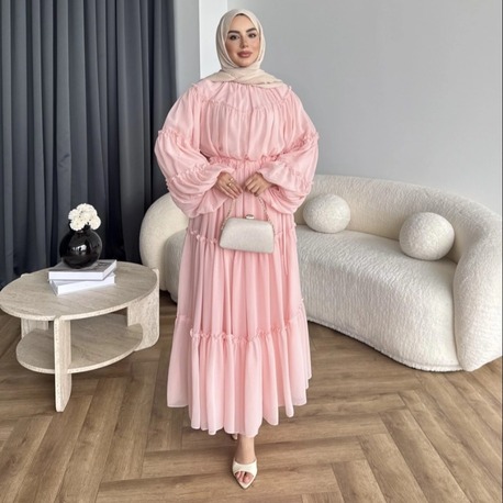 Fırfırlı Kat Kat Bağcık Detaylı Şifon Elbise - Pembe
