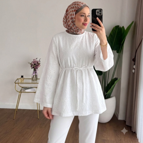 Çan Kol Fisto Kemerli Bluz Tunik - Beyaz