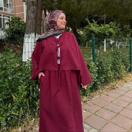 Önü Bağcıklı Keten Takım - Bordo
