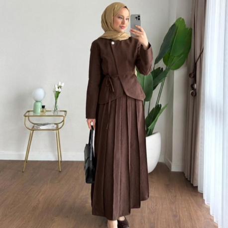 Zara Kupra Seyyar Kemerli Çımalı Etekli Takım - Kahverengi