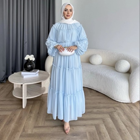 Fırfırlı Kat Kat Bağcık Detaylı Şifon Elbise - Bebe Mavi
