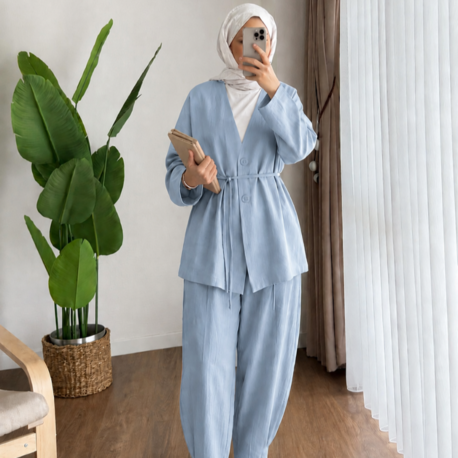 Bel Bağlamalı Şalvar Kesim Pantolonlu Kimono Takım - Mavi
