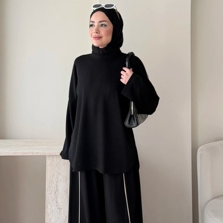 Biye Detaylı Oysho Tunik Pantolonlu Takım - Siyah