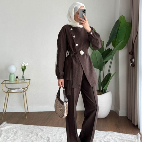 Zara Kupra Seyyar Kemerli Gold Düğmeli Pantolonlu Takım - Kahverengi