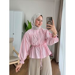 Beli Tünelli Etek Üstü Kısa Gömlek - Pembe