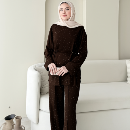 Beli Tünelli Taş Detaylı Pantolonlu İkili Takım - Kahverengi