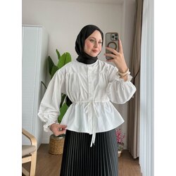 Beli Tünelli Etek Üstü Kısa Gömlek - Beyaz