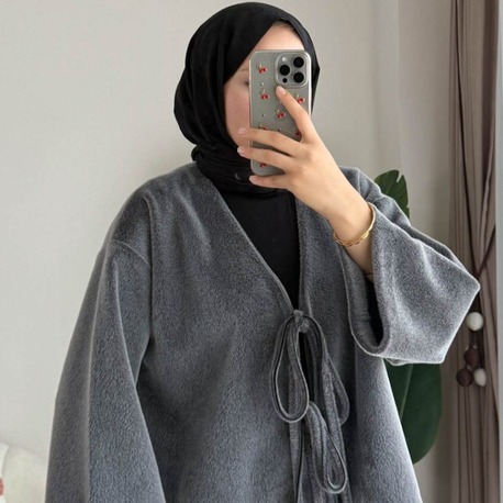 Etek Üstü Önden Bağlamalı Fox Kimono - Gri