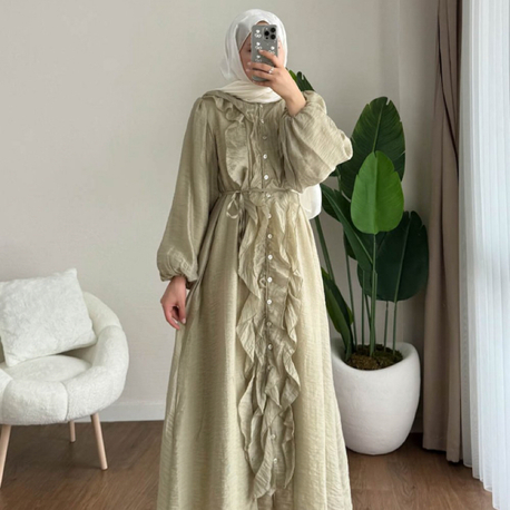 Bel Bağlamalı Fırfırlı Kumru Elbise - Yeşil