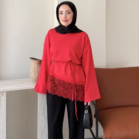 Dantel Detaylı Bel Bağlamalı Penye Sweat - Kırmızı