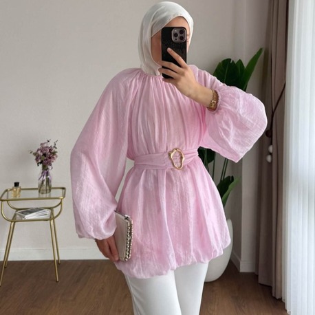 Balon Kol Bubble Kemerli Tunik - Pembe