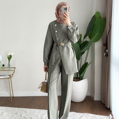 Zara Kupra Seyyar Kemerli Gold Düğmeli Pantolonlu Takım - Yeşil