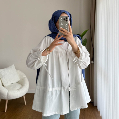 Büzgülü Önden Bağlamalı Poplin Kimono - Beyaz