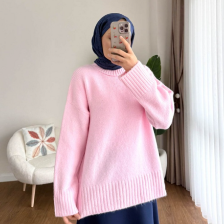 Oversize Bisiklet Yaka Tesettür Kazak - Pembe