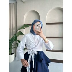 Bel Bağlamalı Kuşaklı Gömlek - Beyaz