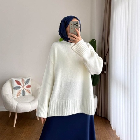 Oversize Bisiklet Yaka Tesettür Kazak - Krem