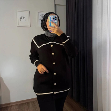 Bebe Yaka Düğme Detaylı İkili Triko Takım - Siyah