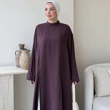 Seyyar Kemerli Tensel Yırtmaç Detaylı Tunik Boy Bluz - Mürdüm