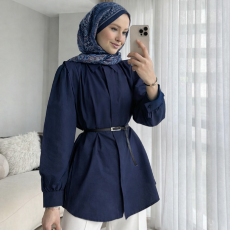 Omuz Volanlı Beli Kemerli Gömlek - Lacivert