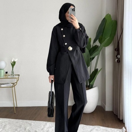 Zara Kupra Seyyar Kemerli Gold Düğmeli Pantolonlu Takım - Siyah