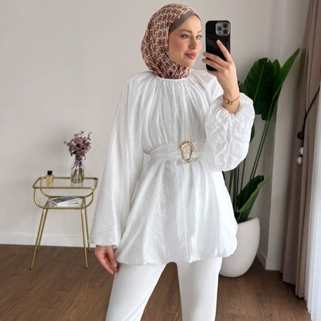 Balon Kol Bubble Kemerli Tunik - Beyaz