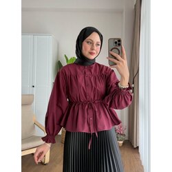 Beli Tünelli Etek Üstü Kısa Gömlek - Bordo