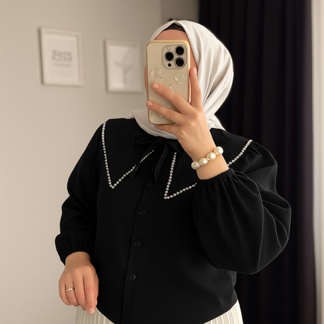 Bebe Yaka İncili Gömlek - Siyah