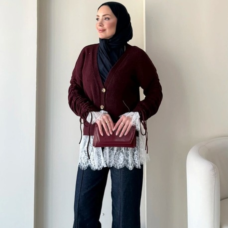 Dantel Detaylı V Yaka Triko Hırka - Bordo