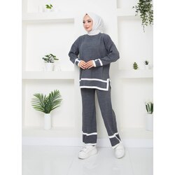 Çizgili Triko Takım - Gri Beyaz