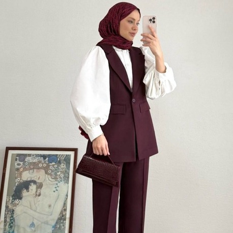 Tek Düğme Detaylı Double Kumaş Yelekli Pantolonlu Takım - Bordo
