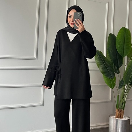 Premium Yan Bağlamalı Triko Tesettür Takım - Siyah