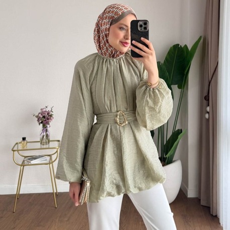 Balon Kol Bubble Kemerli Tunik - Yeşil